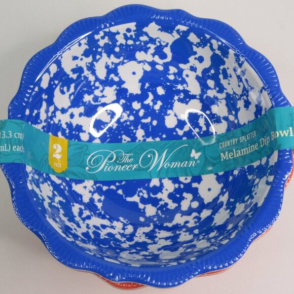 Pioneer Woman Melamine Dip Bowl 2Pc Set Red & Blue Country Splatter 5.23"dia New - Picture 1 of 10